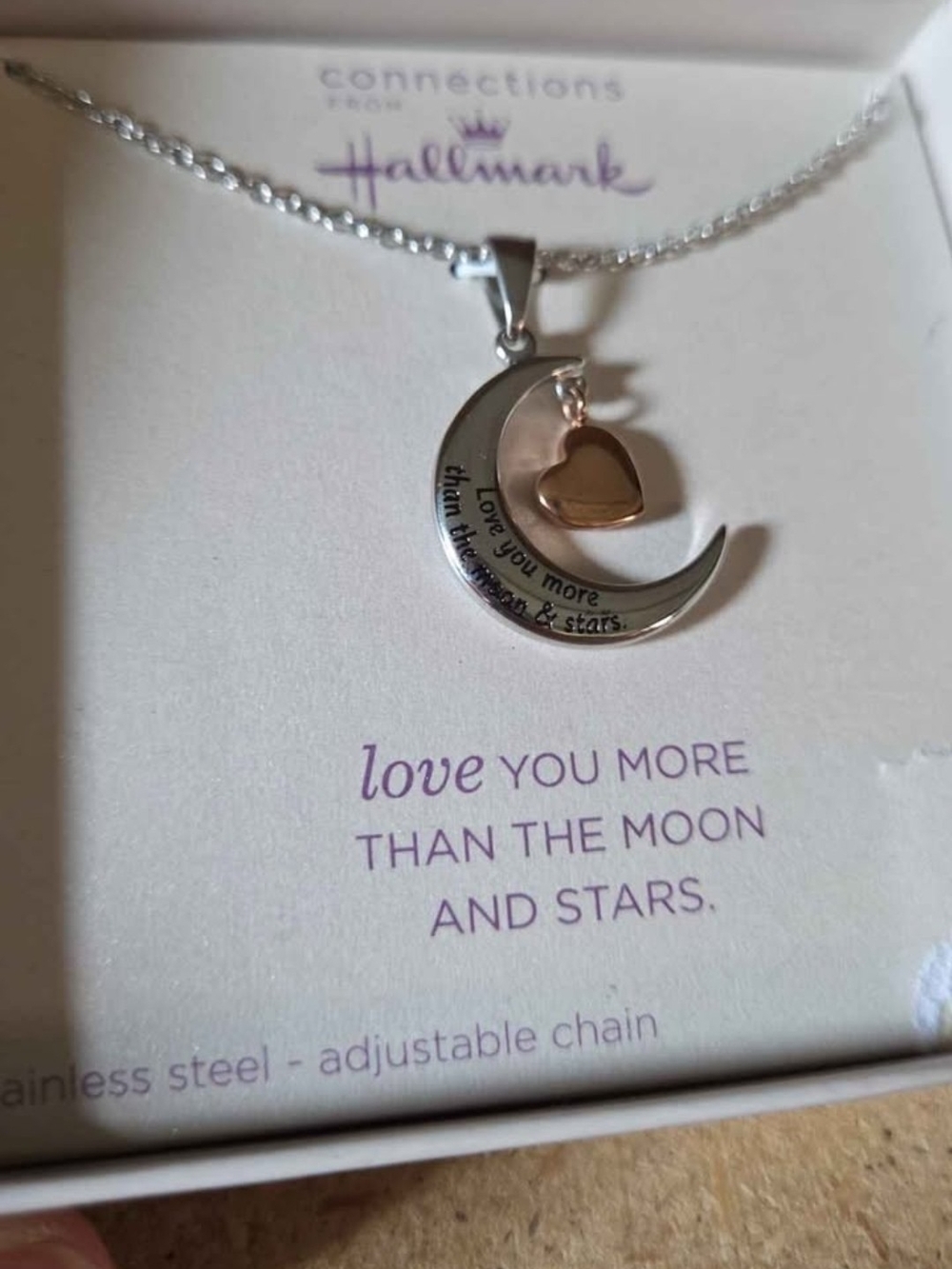 Hallmark Silver Crescent Moon Necklace with Rose Gold Heart Charm